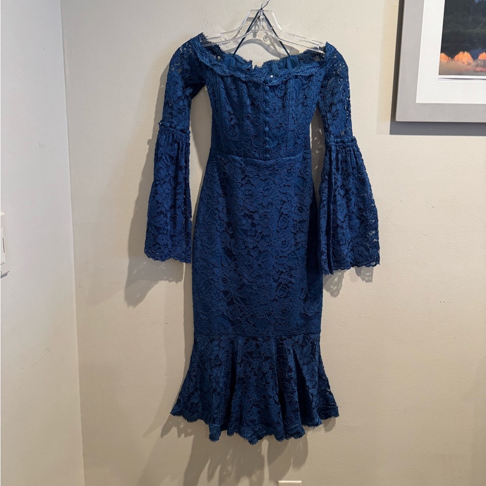 Nicholas Octavia Lace Corset Midi Dress Blue‎ US Size 0 Long Sleeve - Picture 3 of 12